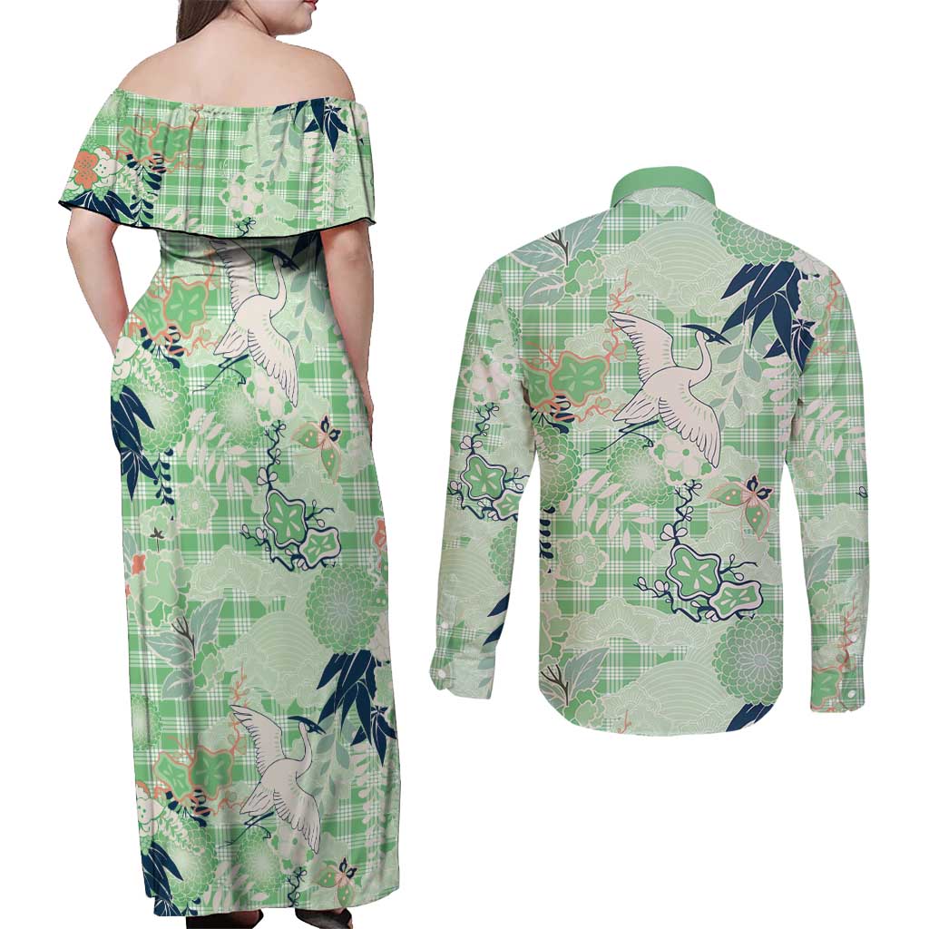 Green Palaka Crane and Flowers Couples Matching Off Shoulder Maxi Dress and Long Sleeve Button Shirt Japan Heritage Spirit - Polynesian Pride