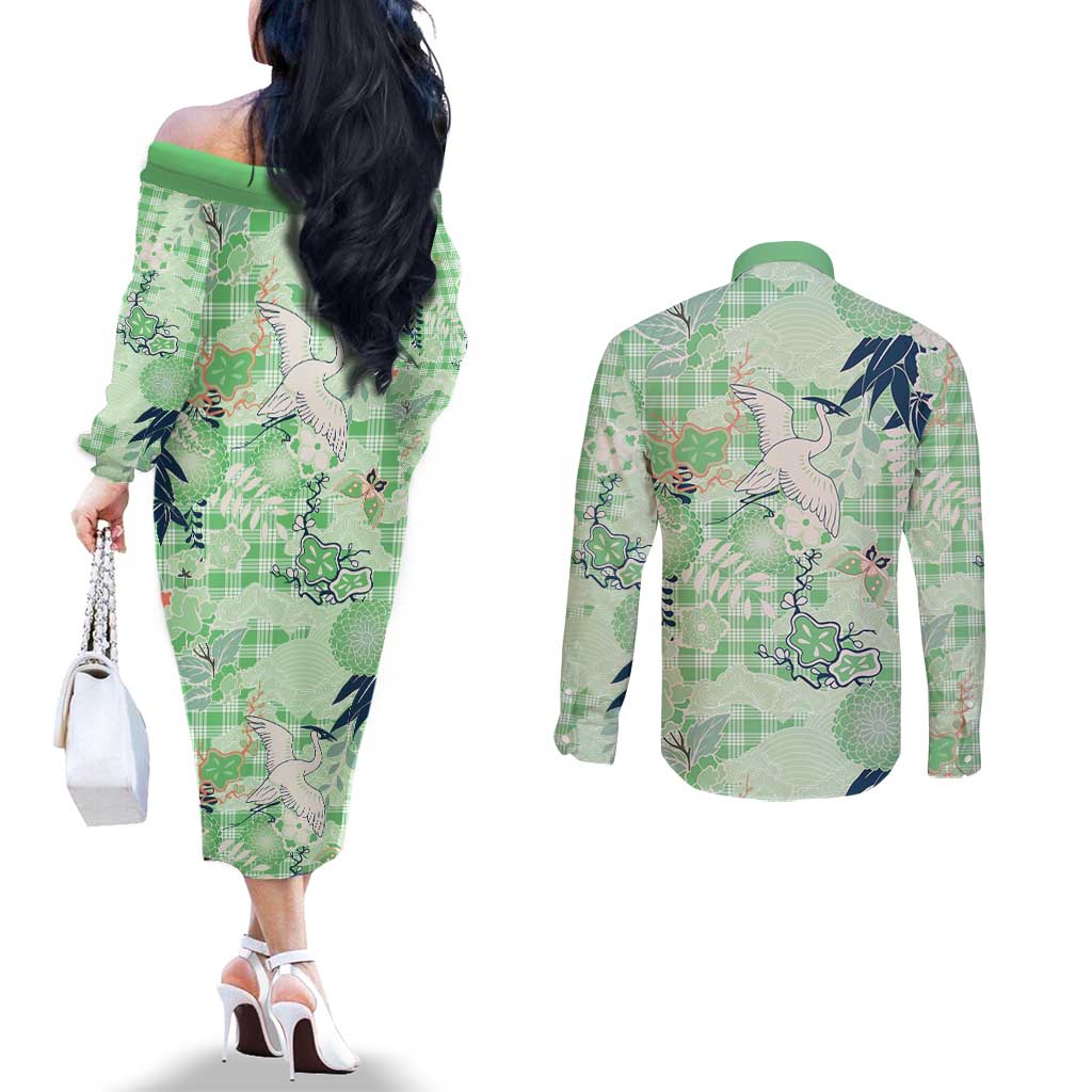 Green Palaka Crane and Flowers Couples Matching Off The Shoulder Long Sleeve Dress and Long Sleeve Button Shirt Japan Heritage Spirit - Polynesian Pride