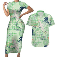 Green Palaka Crane and Flowers Couples Matching Short Sleeve Bodycon Dress and Hawaiian Shirt Japan Heritage Spirit - Polynesian Pride