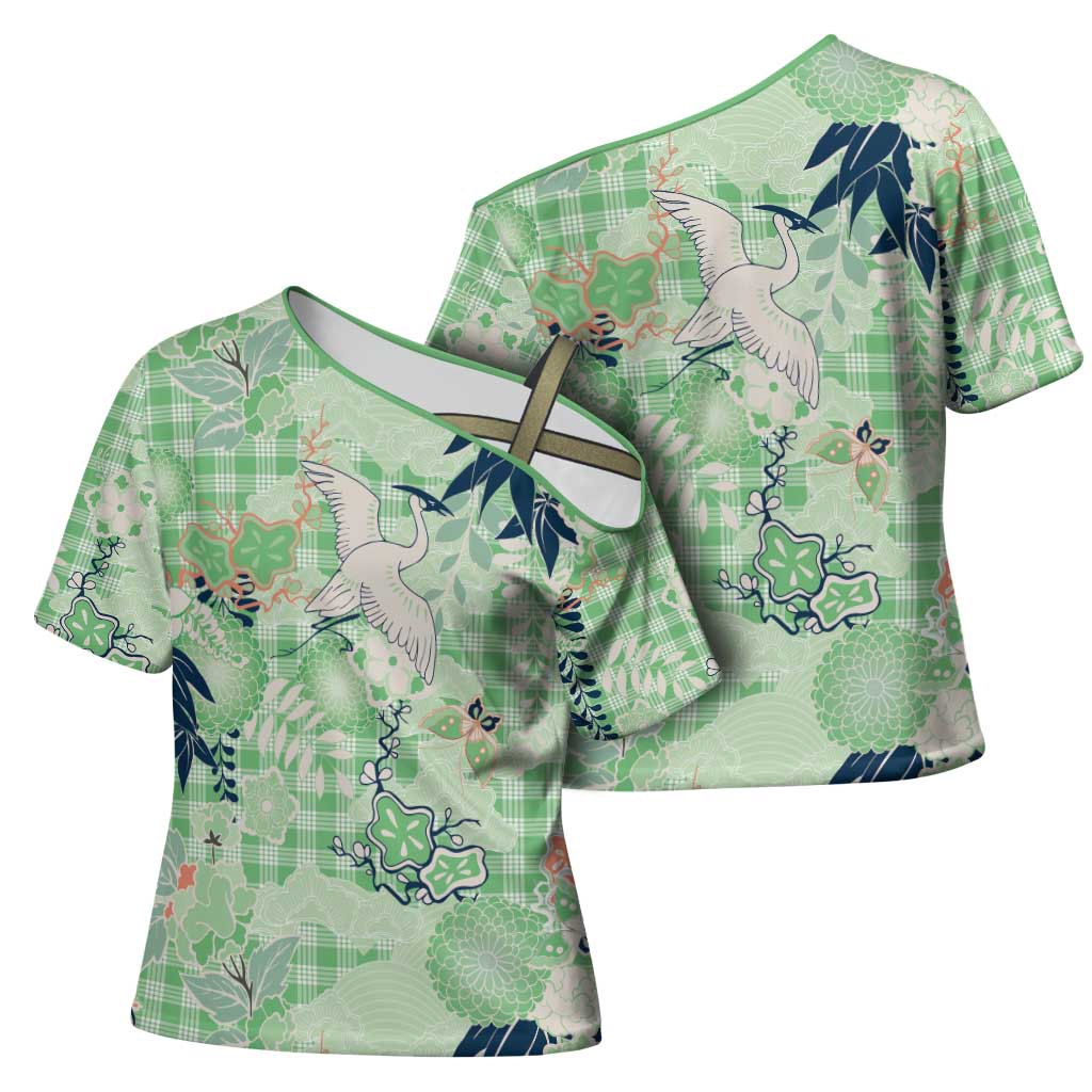 Green Palaka Crane and Flowers Cross Shoulder Shirt Japan Heritage Spirit - Polynesian Pride