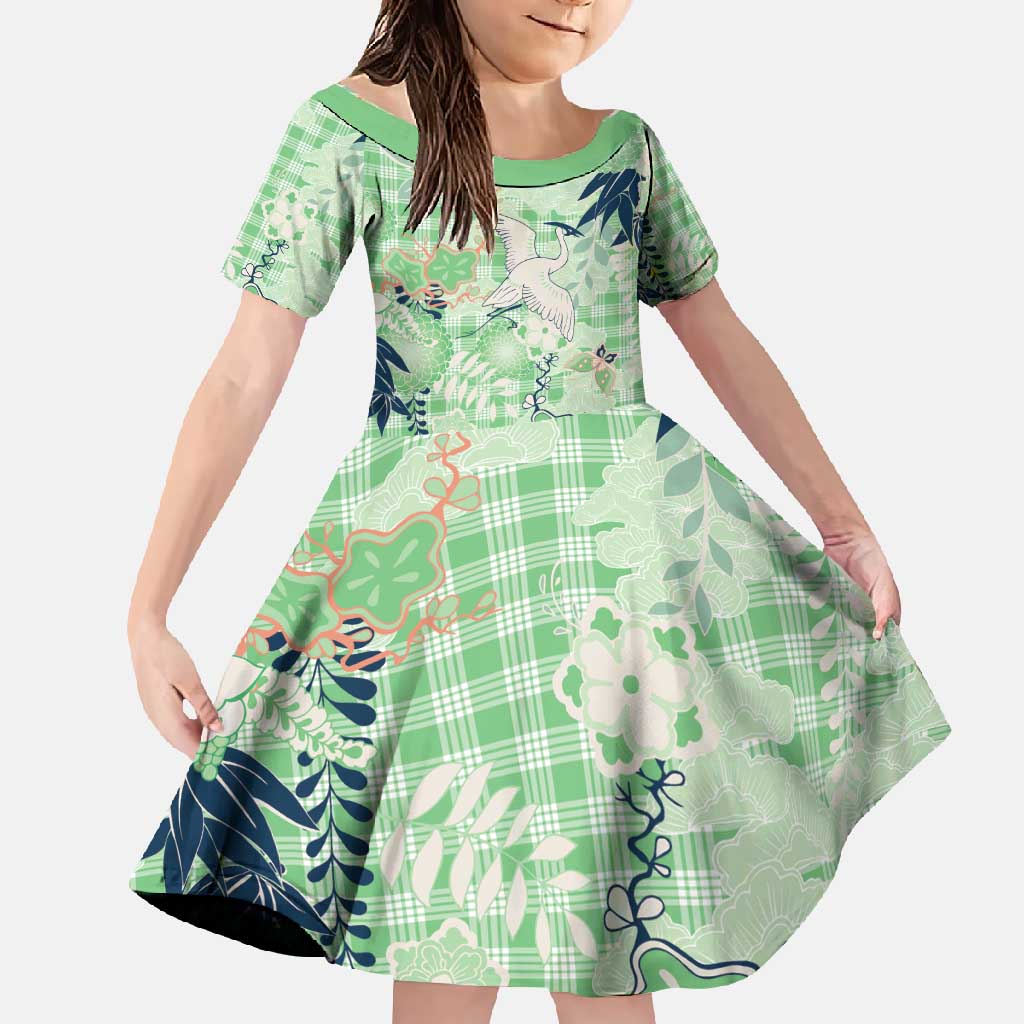 Green Palaka Crane and Flowers Family Matching Long Sleeve Bodycon Dress and Hawaiian Shirt Japan Heritage Spirit - Polynesian Pride