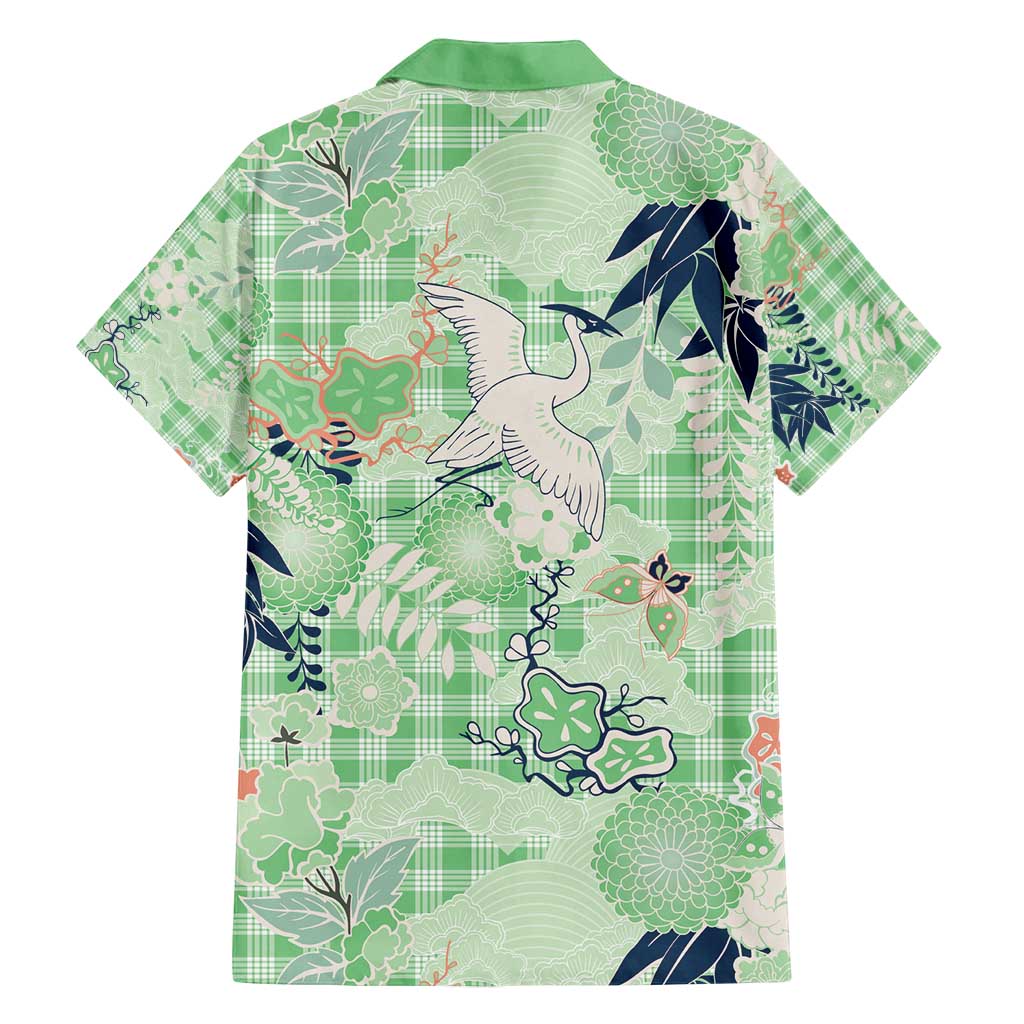 Green Palaka Crane and Flowers Family Matching Long Sleeve Bodycon Dress and Hawaiian Shirt Japan Heritage Spirit - Polynesian Pride