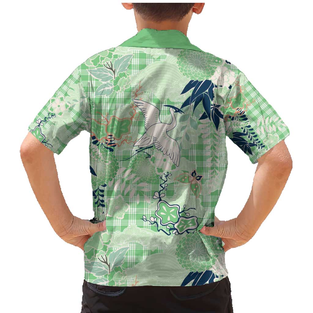 Green Palaka Crane and Flowers Family Matching Mermaid Dress and Hawaiian Shirt Japan Heritage Spirit - Polynesian Pride