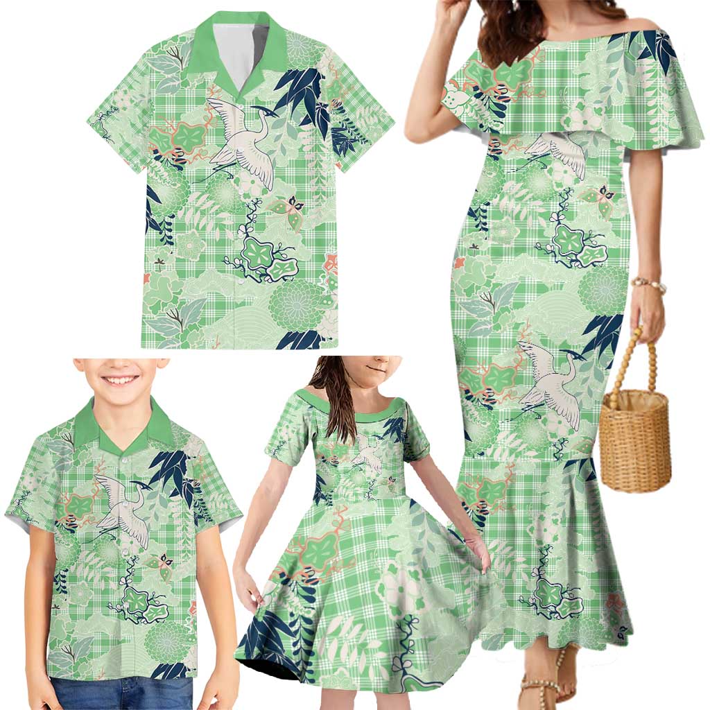 Green Palaka Crane and Flowers Family Matching Mermaid Dress and Hawaiian Shirt Japan Heritage Spirit - Polynesian Pride