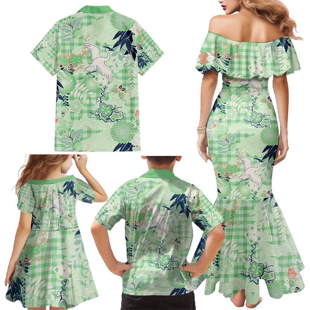 Green Palaka Crane and Flowers Family Matching Mermaid Dress and Hawaiian Shirt Japan Heritage Spirit - Polynesian Pride