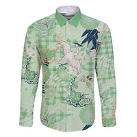 Green Palaka Crane and Flowers Family Matching Mermaid Dress and Hawaiian Shirt Japan Heritage Spirit - Polynesian Pride