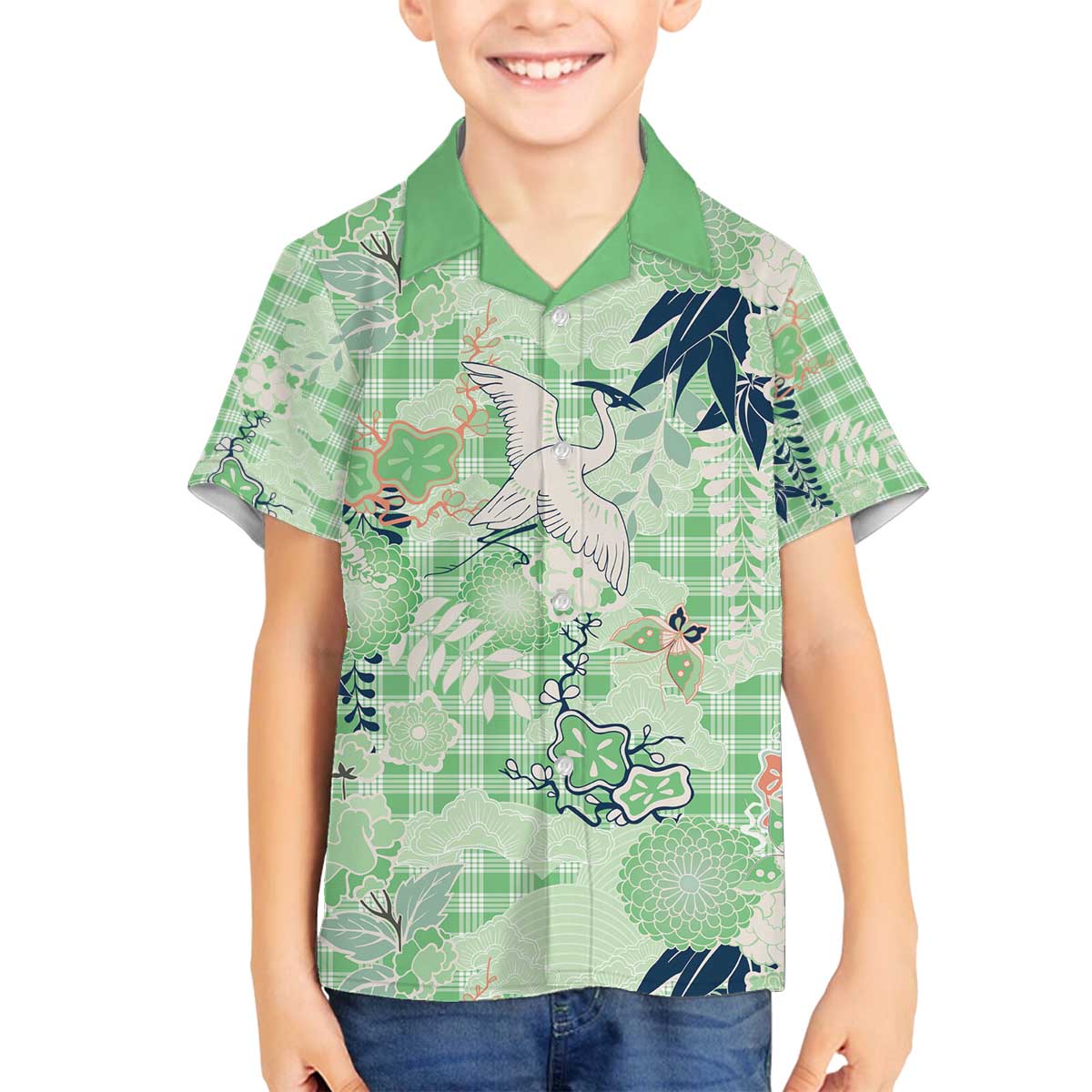 Green Palaka Crane and Flowers Family Matching Off The Shoulder Long Sleeve Dress and Hawaiian Shirt Japan Heritage Spirit - Polynesian Pride