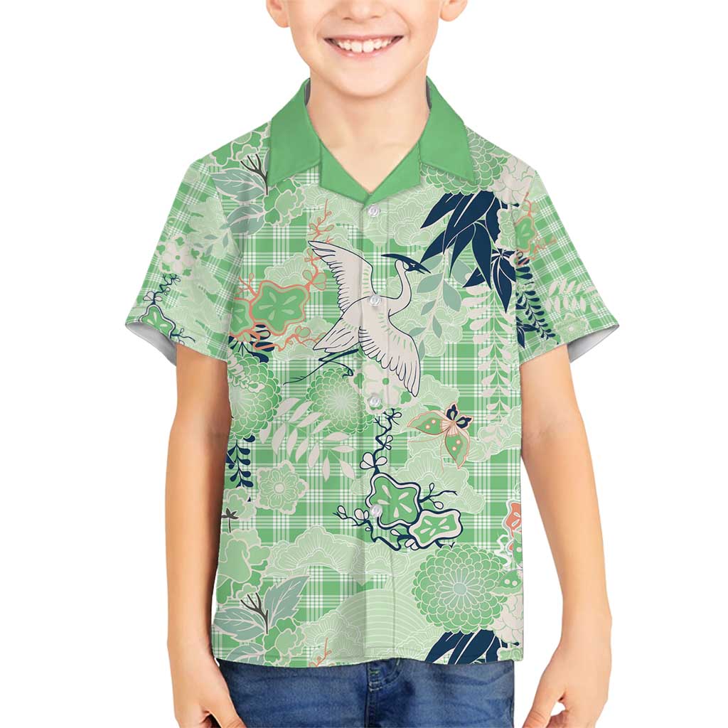 Green Palaka Crane and Flowers Family Matching Off Shoulder Short Dress and Hawaiian Shirt Japan Heritage Spirit - Polynesian Pride