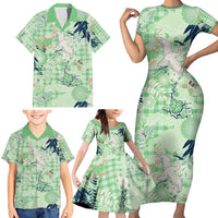 Green Palaka Crane and Flowers Family Matching Short Sleeve Bodycon Dress and Hawaiian Shirt Japan Heritage Spirit - Polynesian Pride