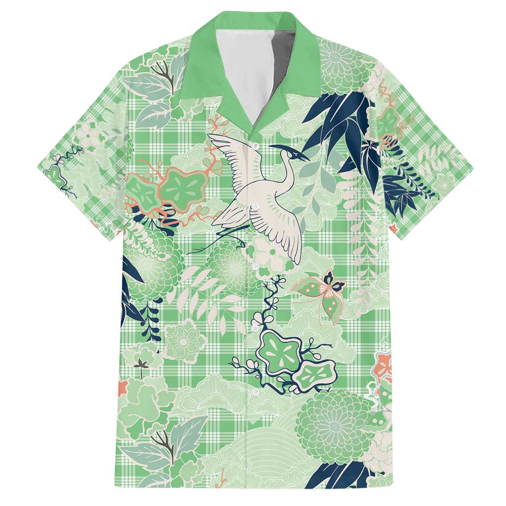 Green Palaka Crane and Flowers Family Matching Short Sleeve Bodycon Dress and Hawaiian Shirt Japan Heritage Spirit - Polynesian Pride
