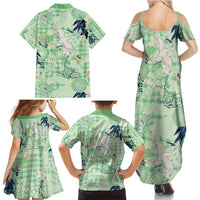 Green Palaka Crane and Flowers Family Matching Summer Maxi Dress and Hawaiian Shirt Japan Heritage Spirit - Polynesian Pride