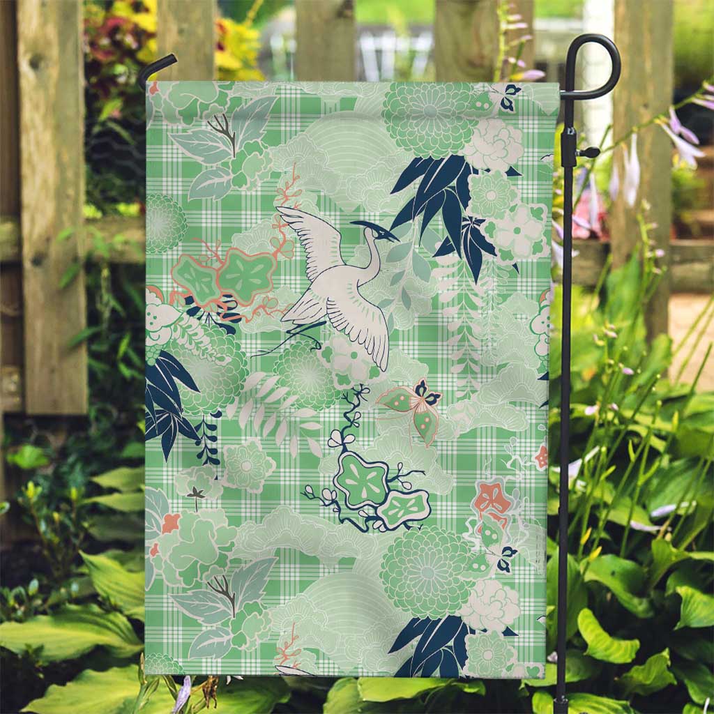 Green Palaka Crane and Flowers Garden Flag Japan Heritage Spirit - Polynesian Pride