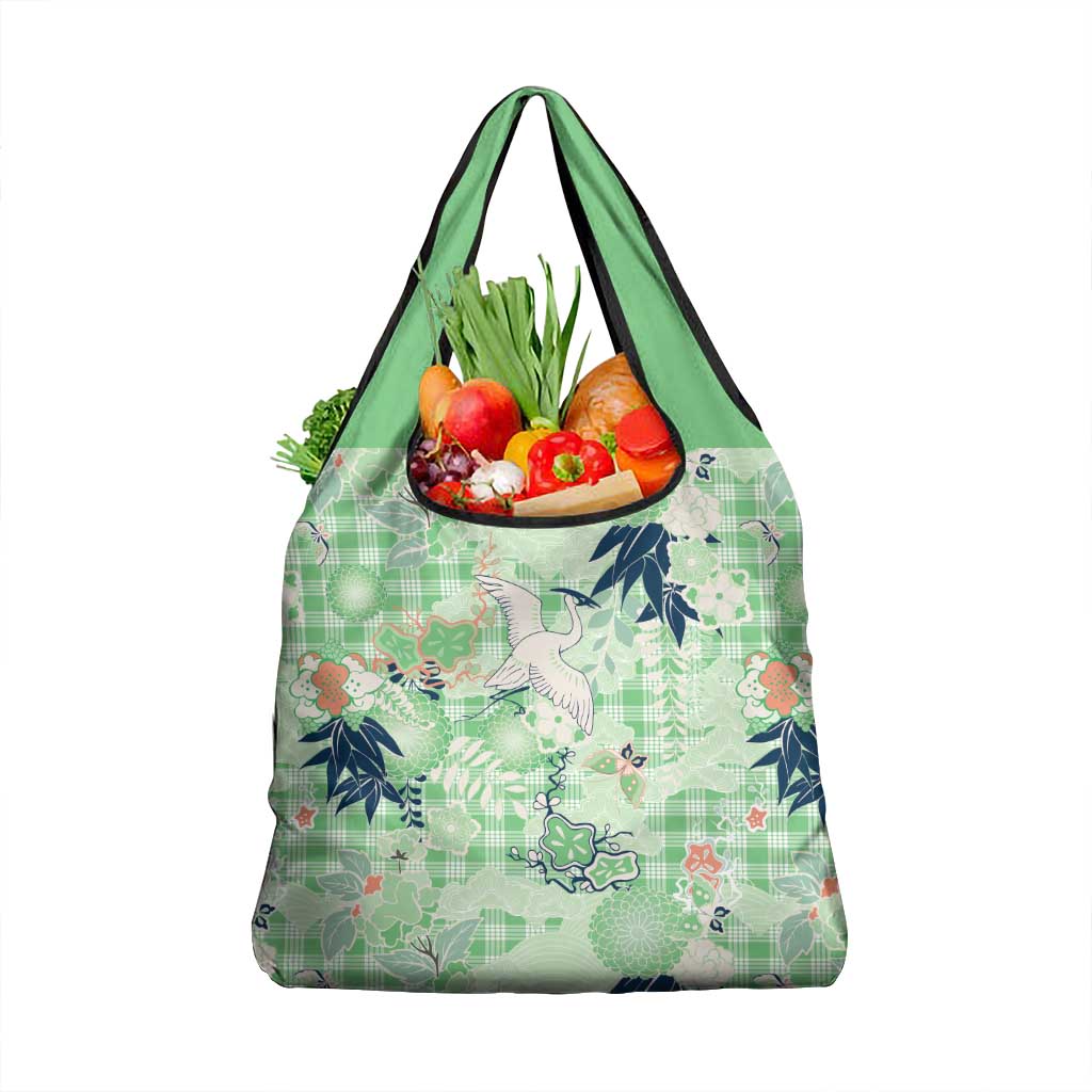 Green Palaka Crane and Flowers Grocery Bag Japan Heritage Spirit LT9 1-pack One Size Green - Polynesian Pride