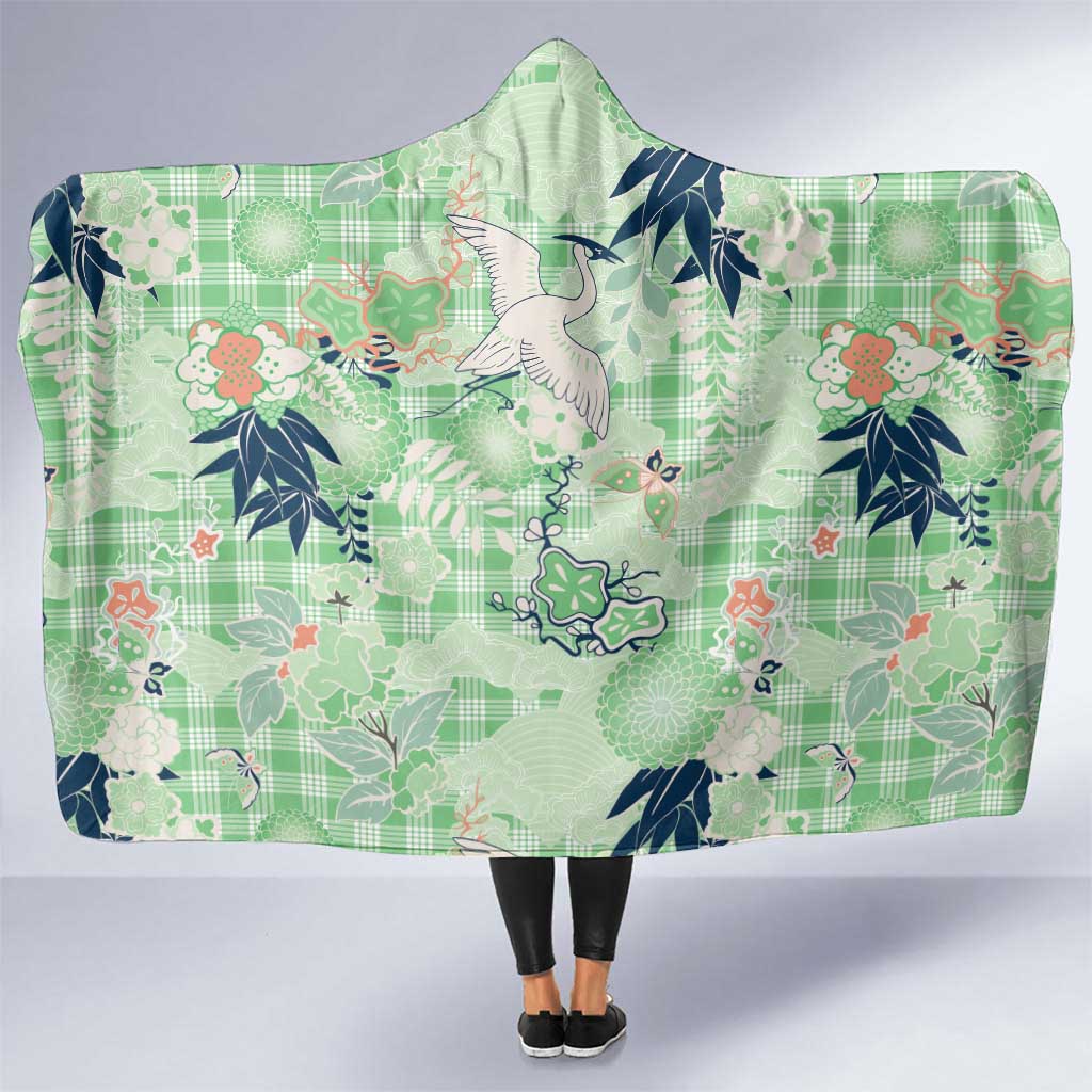 Green Palaka Crane and Flowers Hooded Blanket Japan Heritage Spirit LT9 One Size Green - Polynesian Pride