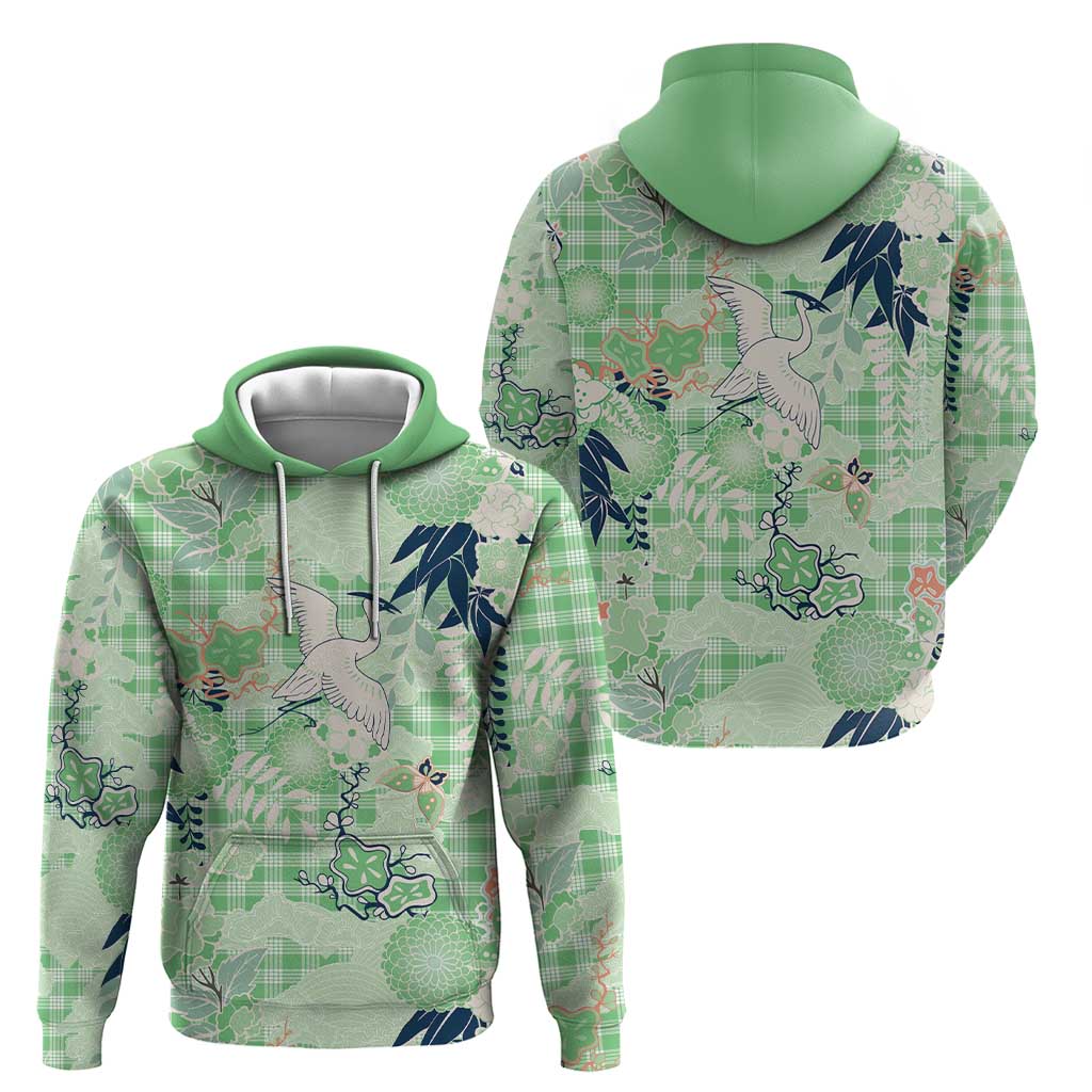 Green Palaka Crane and Flowers Hoodie Japan Heritage Spirit - Polynesian Pride