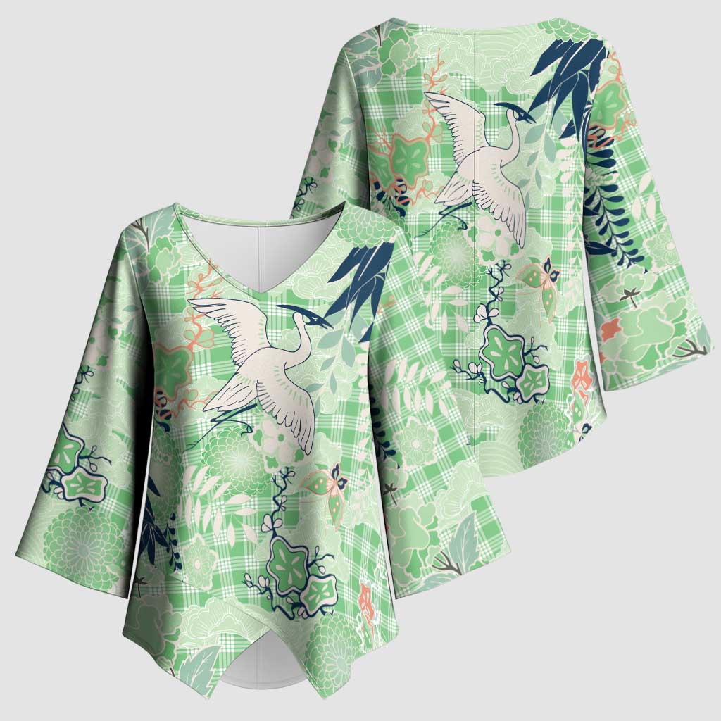 Green Palaka Crane and Flowers Kimono Sleeve Blouse Japan Heritage Spirit - Polynesian Pride