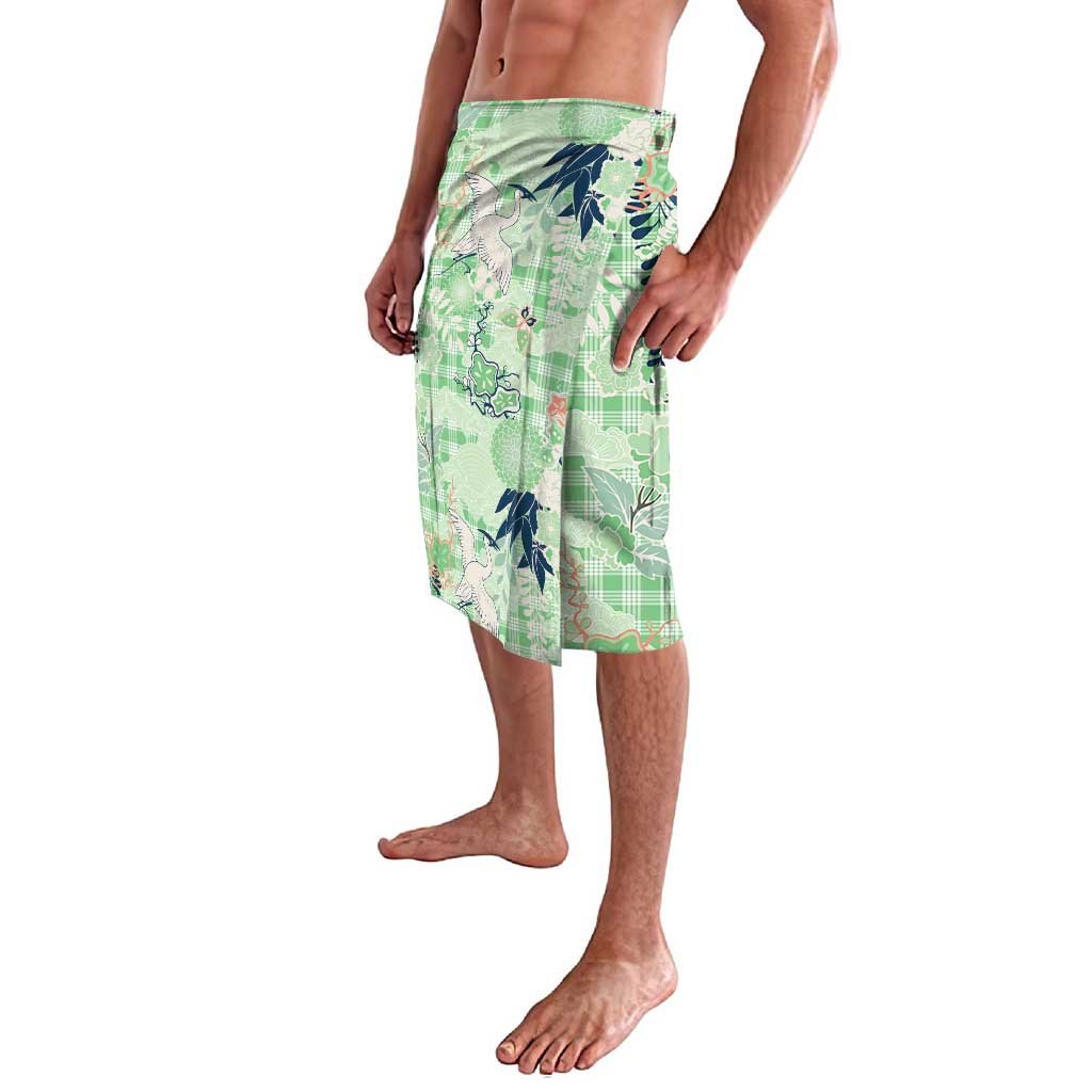 Green Palaka Crane and Flowers Lavalava Japan Heritage Spirit - Polynesian Pride