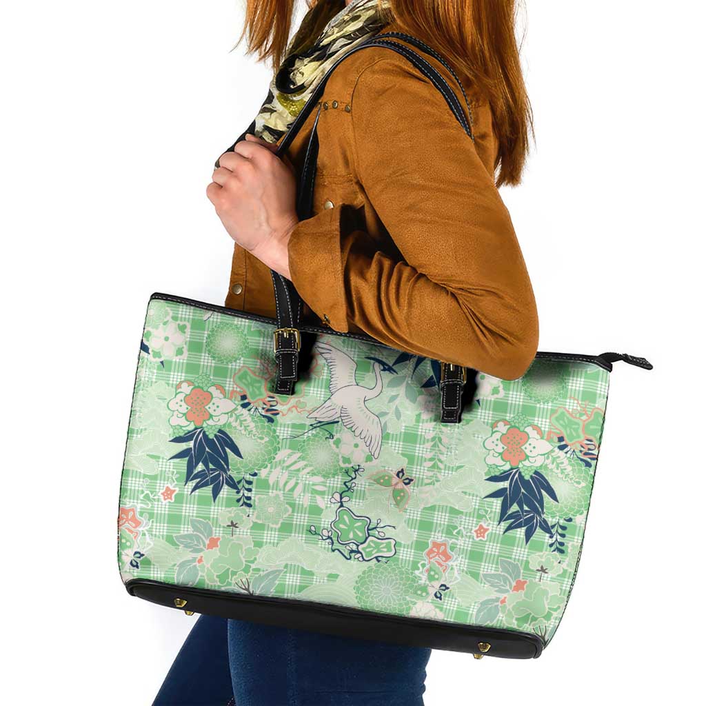 Green Palaka Crane and Flowers Leather Tote Bag Japan Heritage Spirit LT9 Green - Polynesian Pride
