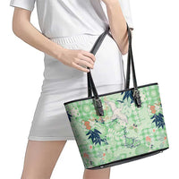 Green Palaka Crane and Flowers Leather Tote Bag Japan Heritage Spirit - Polynesian Pride