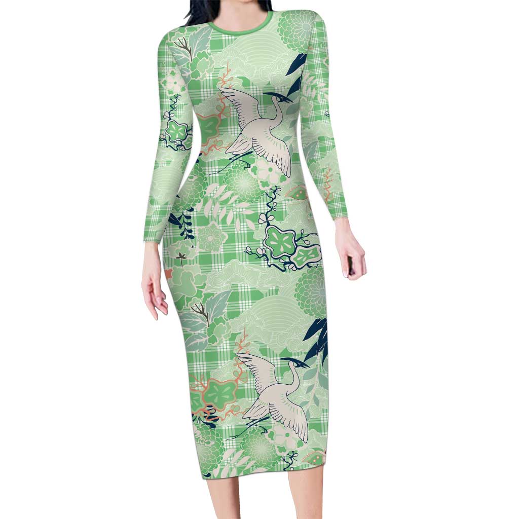 Green Palaka Crane and Flowers Long Sleeve Bodycon Dress Japan Heritage Spirit - Polynesian Pride