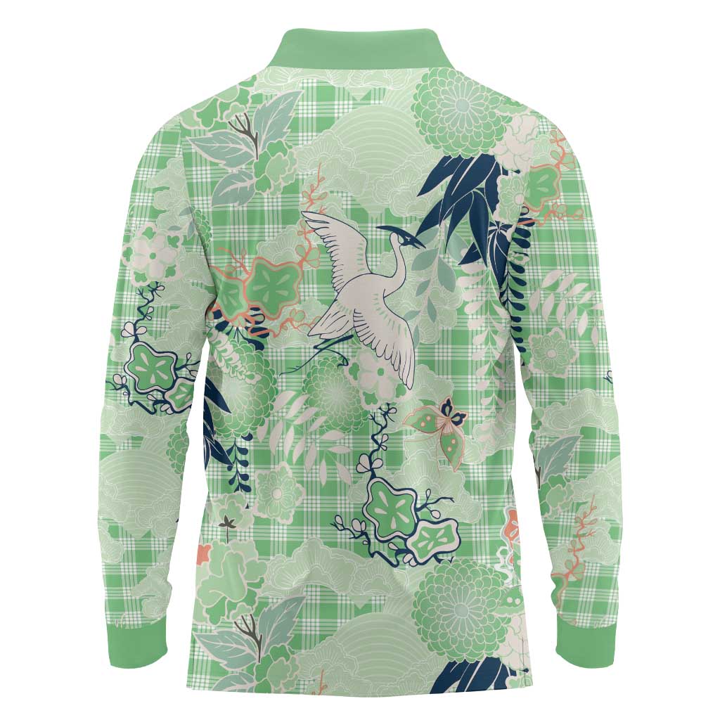 Green Palaka Crane and Flowers Long Sleeve Polo Shirt Japan Heritage Spirit - Polynesian Pride