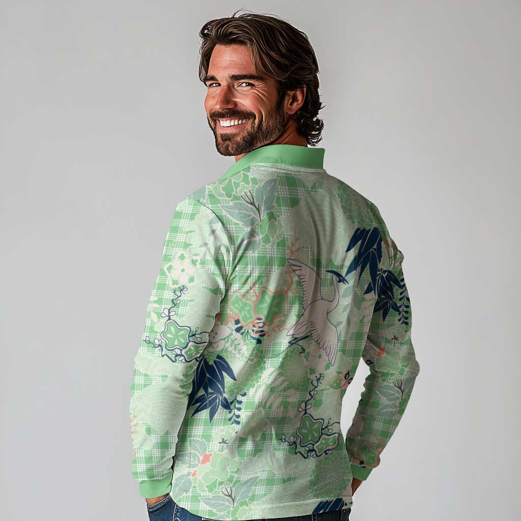 Green Palaka Crane and Flowers Long Sleeve Polo Shirt Japan Heritage Spirit - Polynesian Pride