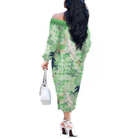 Green Palaka Crane and Flowers Off The Shoulder Long Sleeve Dress Japan Heritage Spirit - Polynesian Pride