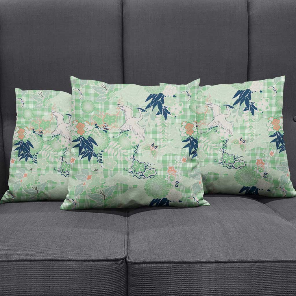 Green Palaka Crane and Flowers Pillow Cover Japan Heritage Spirit - Polynesian Pride