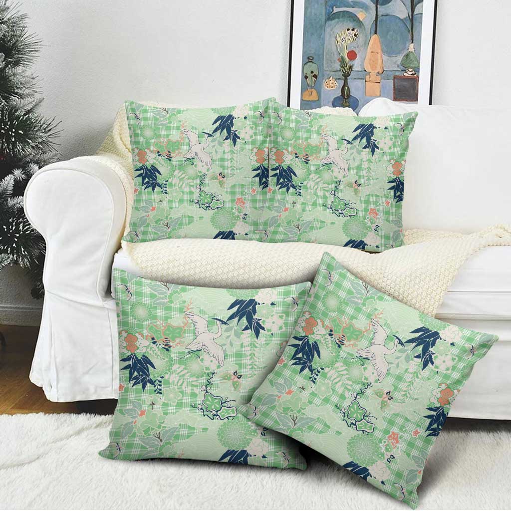 Green Palaka Crane and Flowers Pillow Cover Japan Heritage Spirit - Polynesian Pride