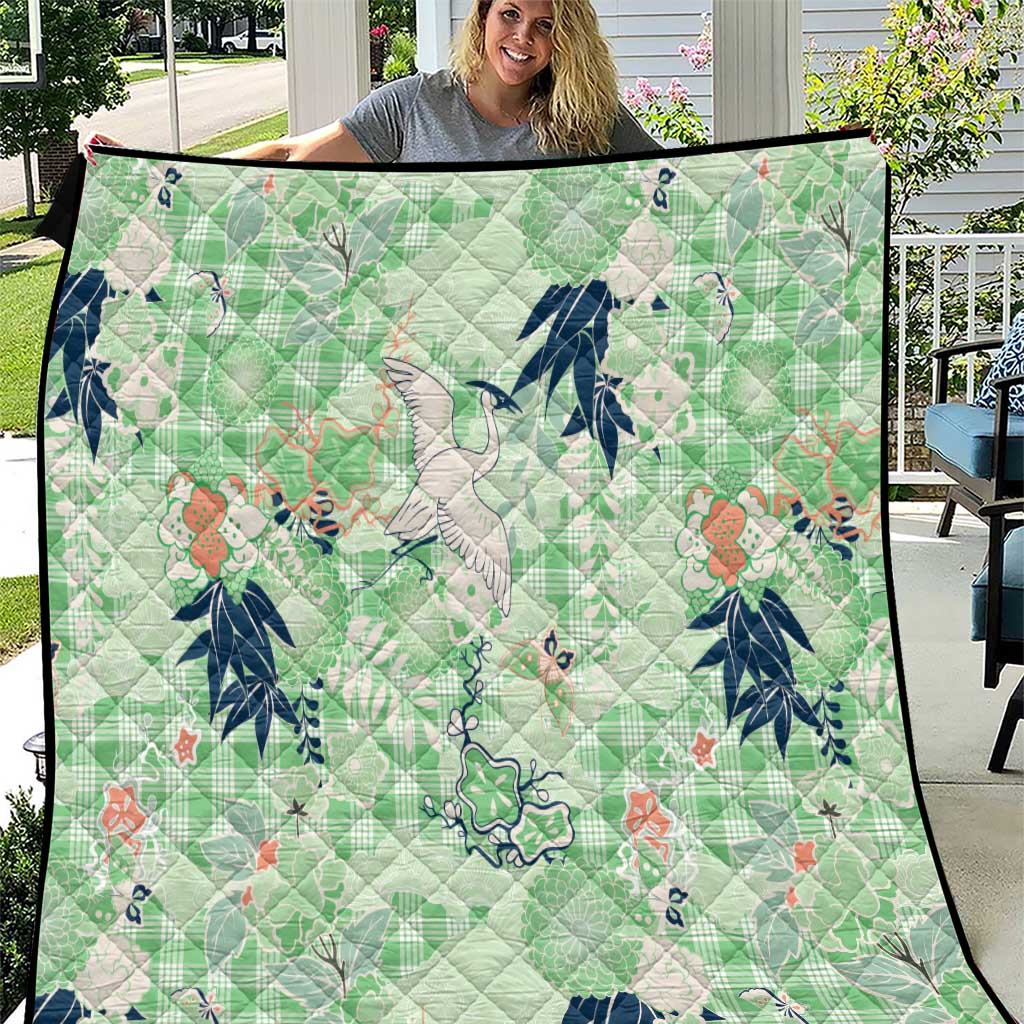 Green Palaka Crane and Flowers Quilt Japan Heritage Spirit LT9 Green - Polynesian Pride