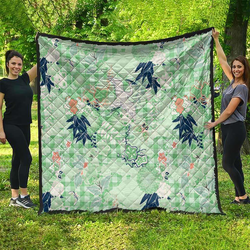 Green Palaka Crane and Flowers Quilt Japan Heritage Spirit LT9 - Polynesian Pride