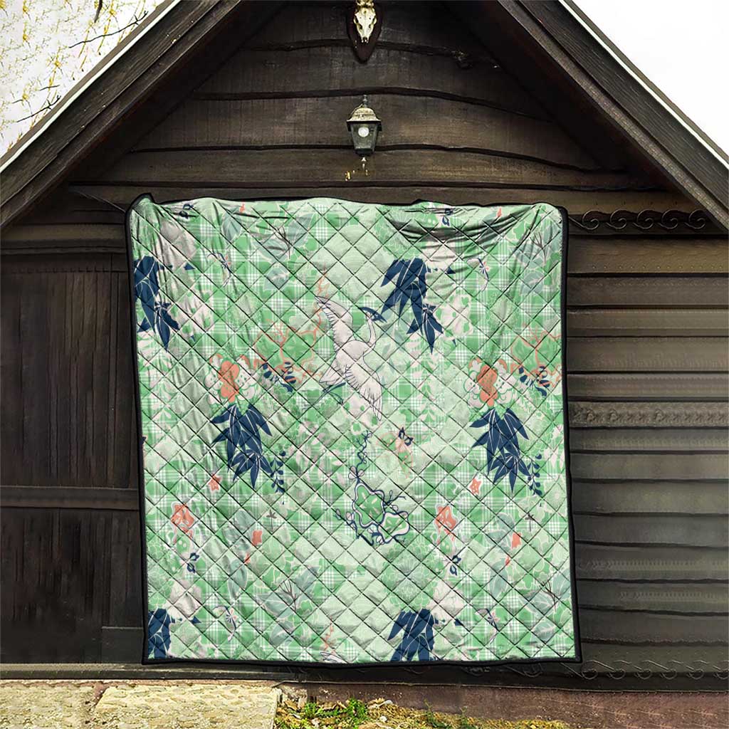 Green Palaka Crane and Flowers Quilt Japan Heritage Spirit LT9 - Polynesian Pride