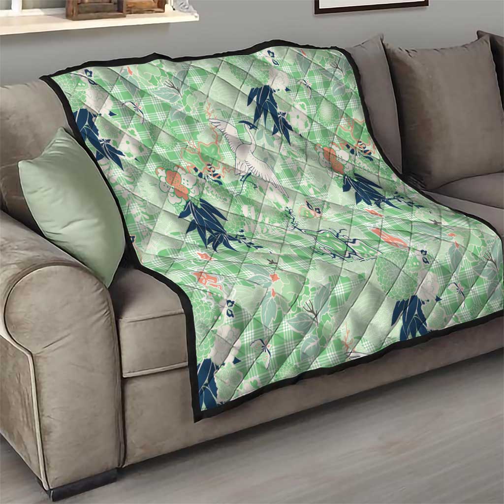 Green Palaka Crane and Flowers Quilt Japan Heritage Spirit LT9 - Polynesian Pride