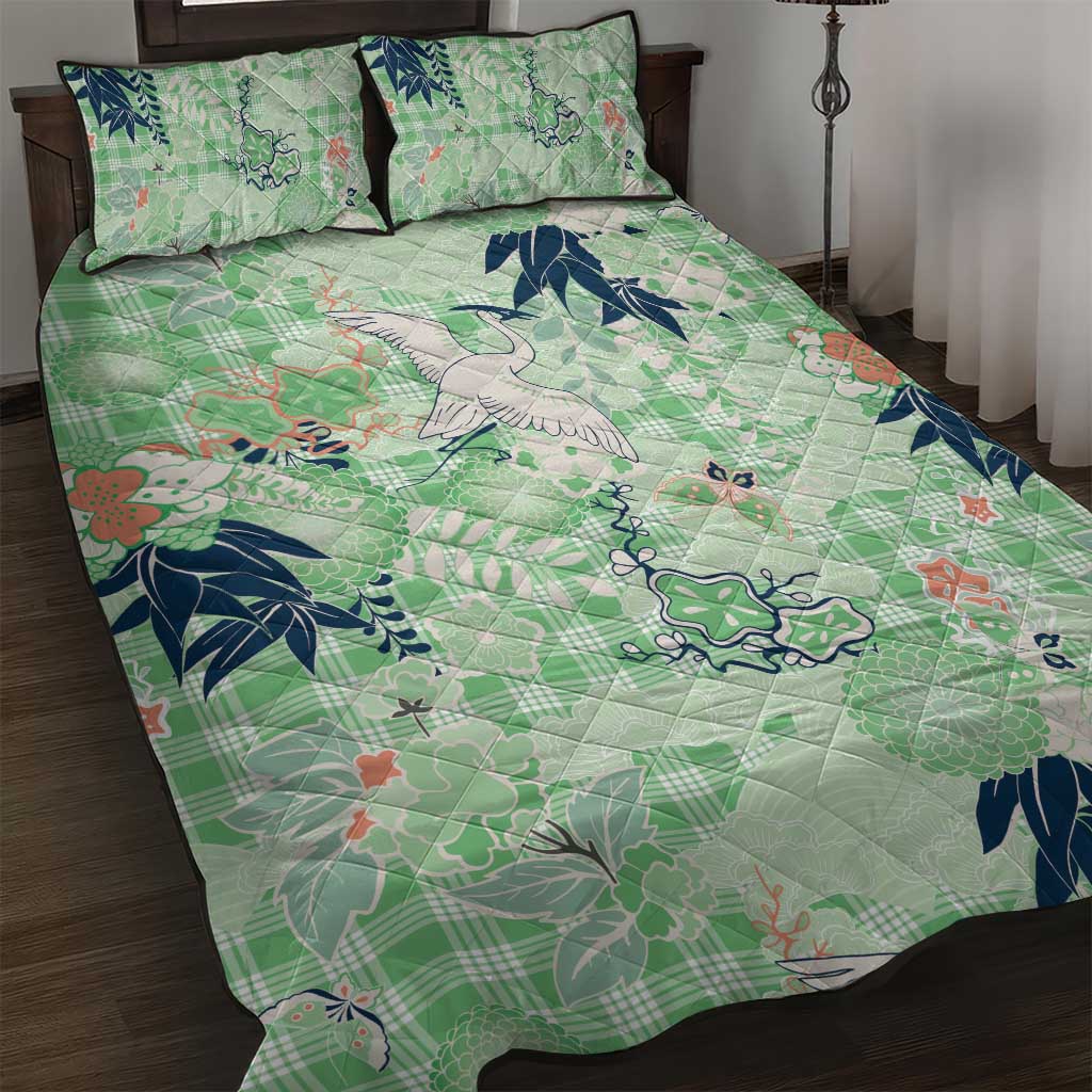 Green Palaka Crane and Flowers Quilt Bed Set Japan Heritage Spirit - Polynesian Pride