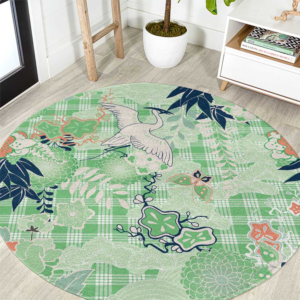 Green Palaka Crane and Flowers Round Carpet Japan Heritage Spirit LT9 Green - Polynesian Pride