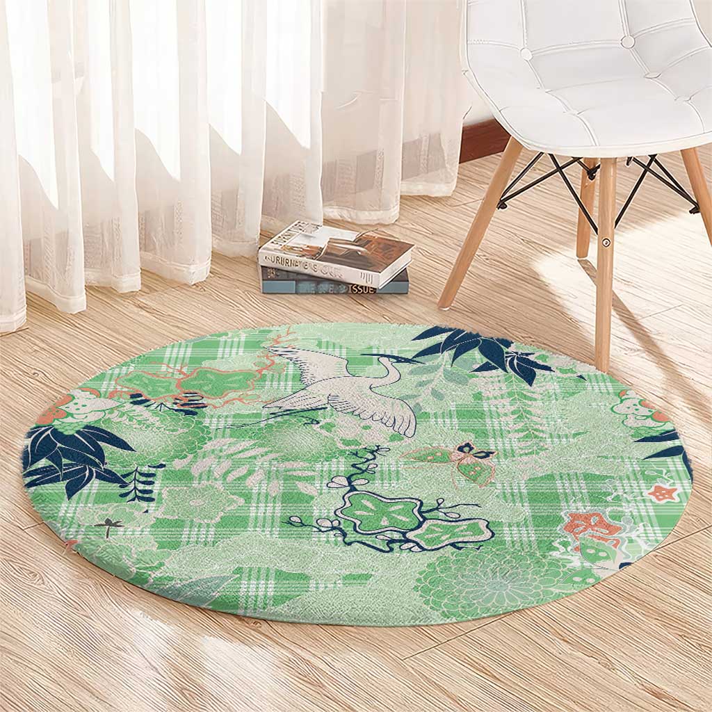 Green Palaka Crane and Flowers Round Carpet Japan Heritage Spirit - Polynesian Pride