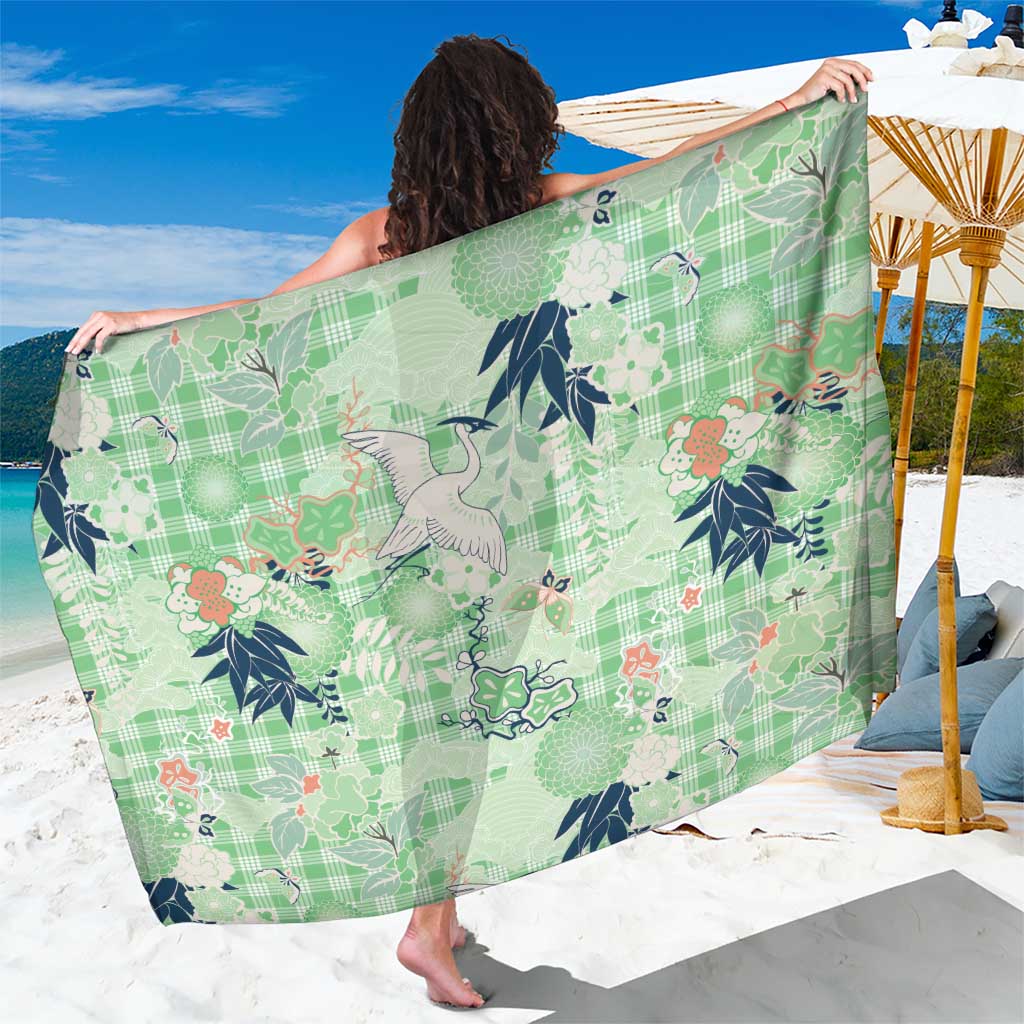 Green Palaka Crane and Flowers Sarong Japan Heritage Spirit LT9 One Size 44 x 66 inches Green - Polynesian Pride