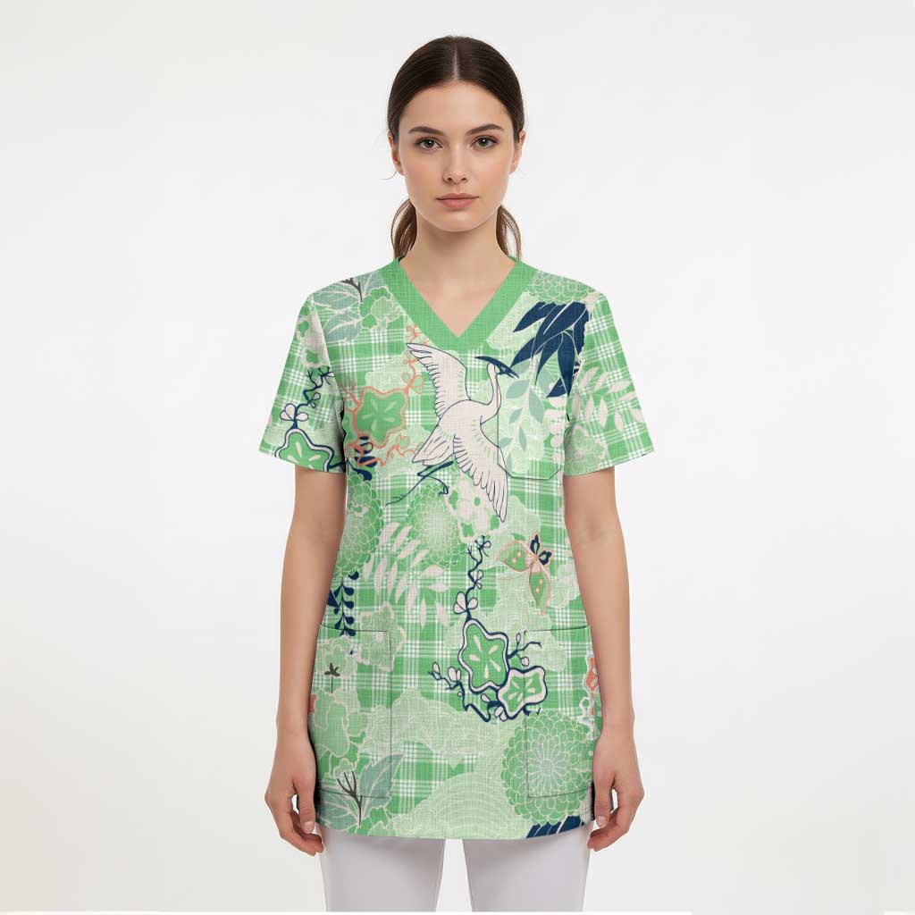 Green Palaka Crane and Flowers Scrub Top Japan Heritage Spirit - Polynesian Pride