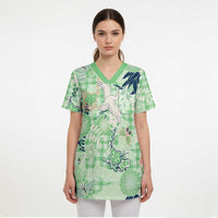 Green Palaka Crane and Flowers Scrub Top Japan Heritage Spirit - Polynesian Pride