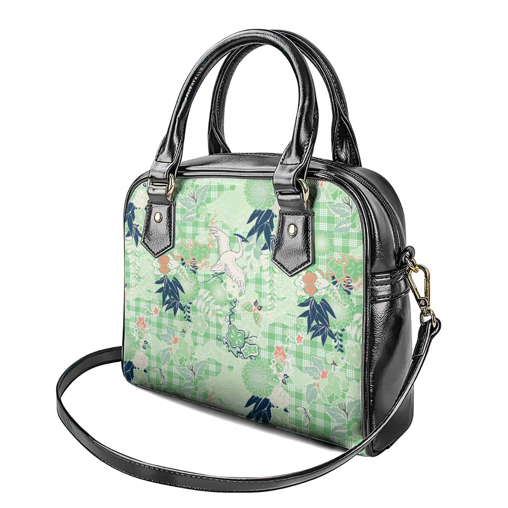 Green Palaka Crane and Flowers Shoulder Handbag Japan Heritage Spirit - Polynesian Pride