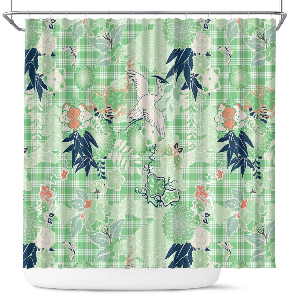 Green Palaka Crane and Flowers Shower Curtain Japan Heritage Spirit LT9 Green - Polynesian Pride