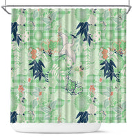 Green Palaka Crane and Flowers Shower Curtain Japan Heritage Spirit - Polynesian Pride