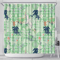 Green Palaka Crane and Flowers Shower Curtain Japan Heritage Spirit - Polynesian Pride