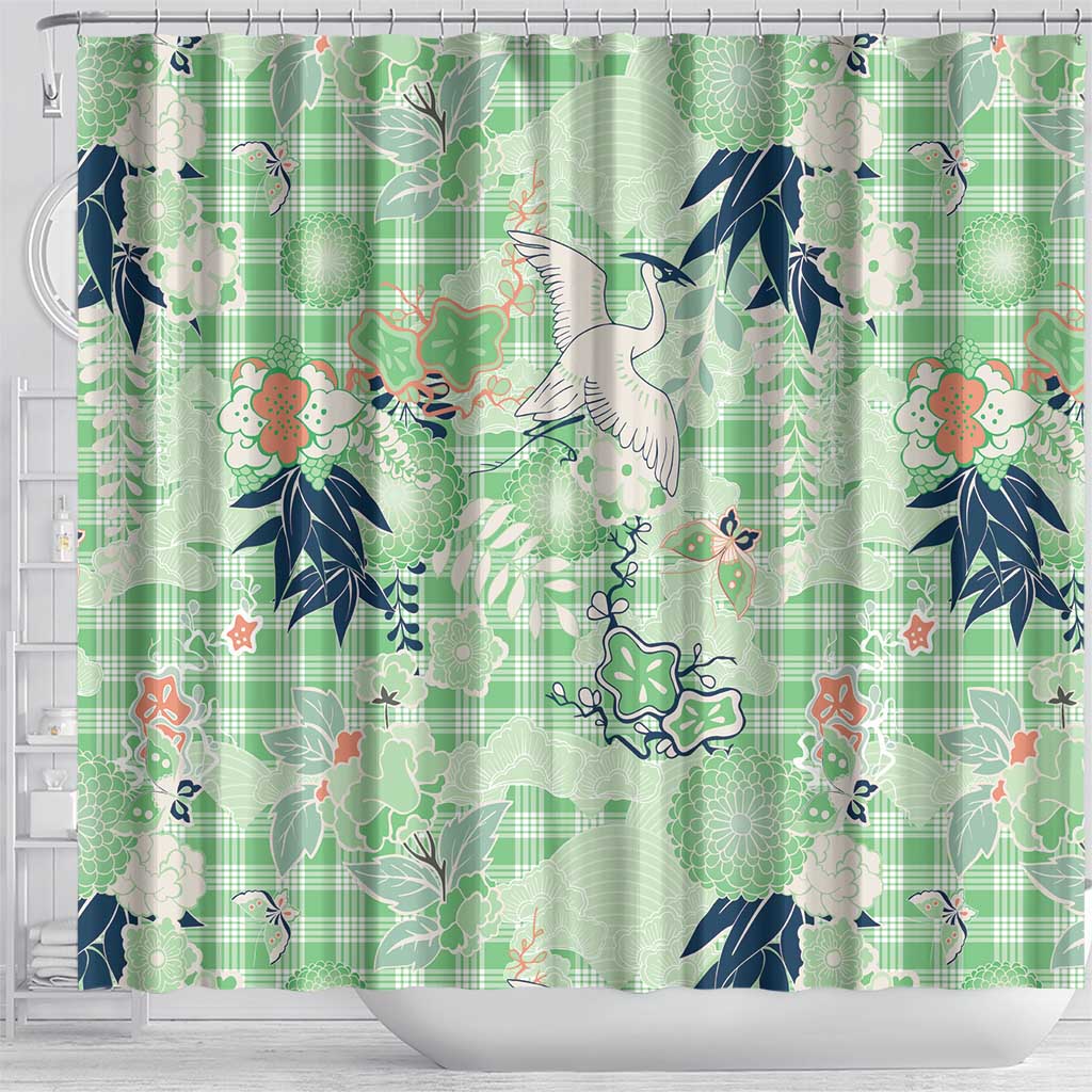 Green Palaka Crane and Flowers Shower Curtain Japan Heritage Spirit - Polynesian Pride