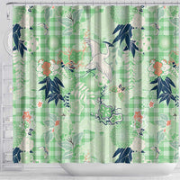 Green Palaka Crane and Flowers Shower Curtain Japan Heritage Spirit - Polynesian Pride