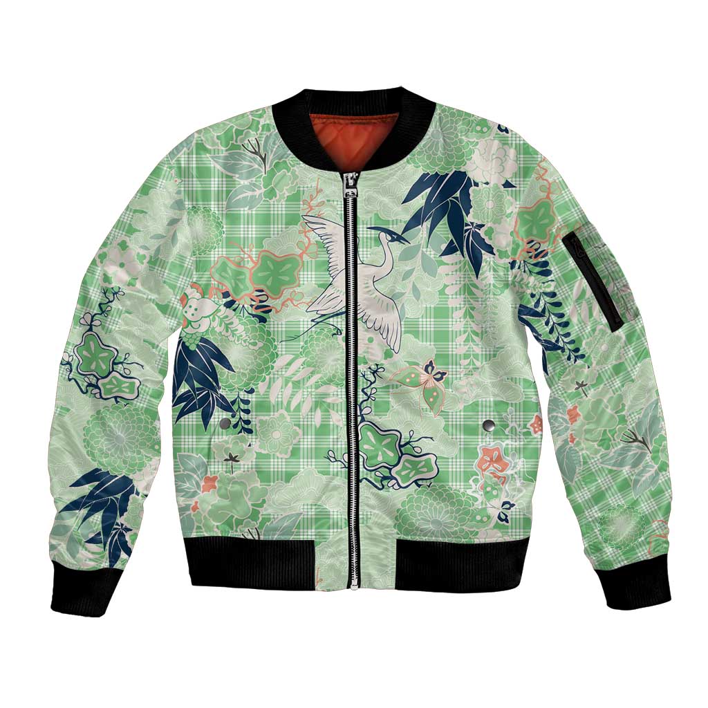 Green Palaka Crane and Flowers Sleeve Zip Bomber Jacket Japan Heritage Spirit LT9 Unisex Green - Polynesian Pride