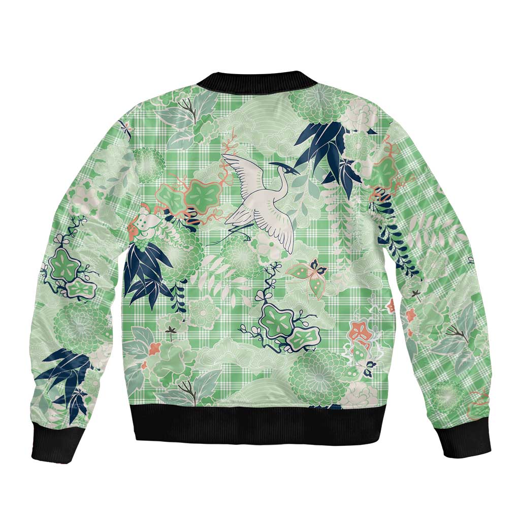 Green Palaka Crane and Flowers Sleeve Zip Bomber Jacket Japan Heritage Spirit - Polynesian Pride