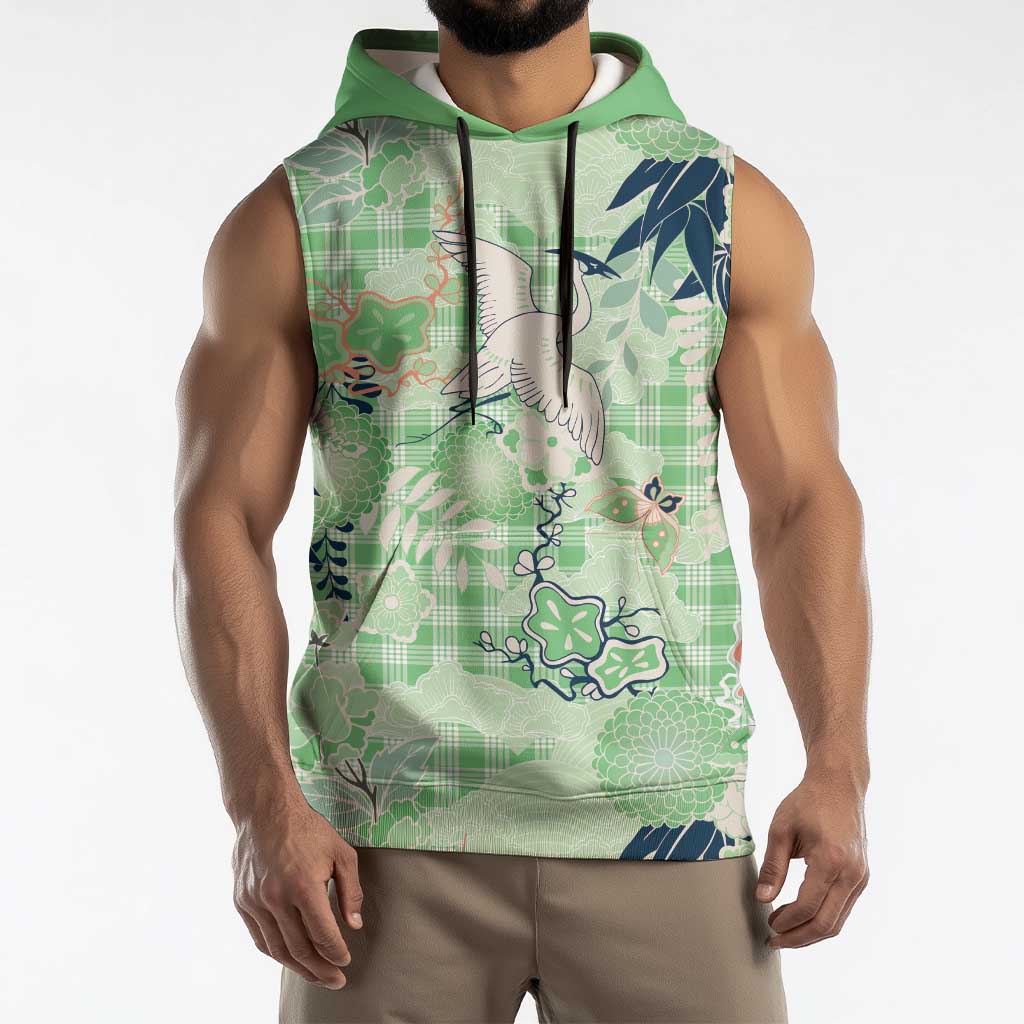 Green Palaka Crane and Flowers Sleeveless Hoodie Japan Heritage Spirit - Polynesian Pride
