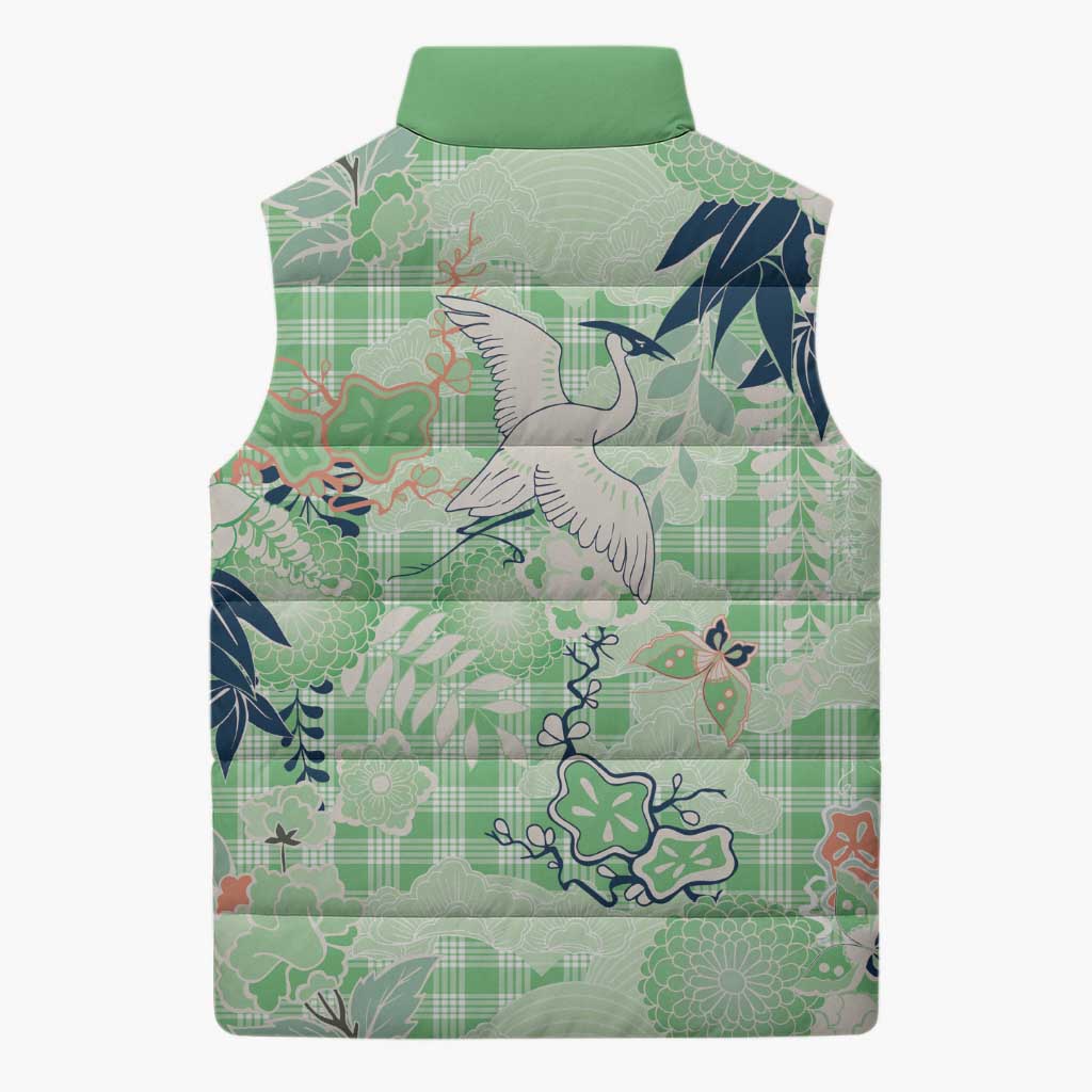 Green Palaka Crane and Flowers Sleeveless Puffer Jacket Japan Heritage Spirit - Polynesian Pride
