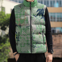 Green Palaka Crane and Flowers Sleeveless Puffer Jacket Japan Heritage Spirit - Polynesian Pride